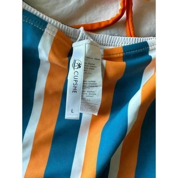 Cupshe Kylie Halter Lace Up Twist One Piece Swimsuit Size L orange blue stripe - Picture 5 of 6